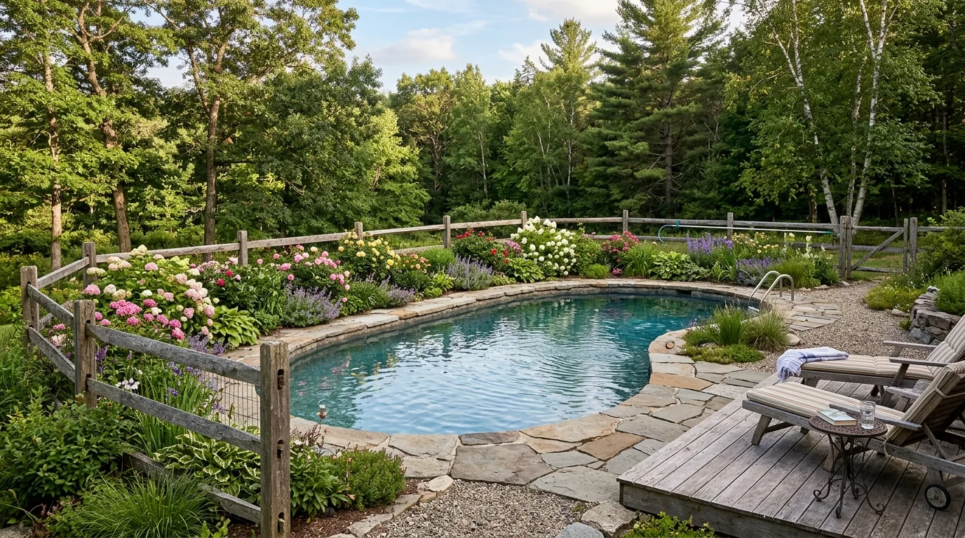 Rustic Pool With Post-and-Rail Fence